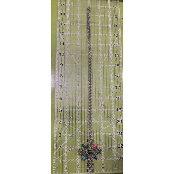 Vintage AVON Necklace Silver Tone Filigree Cross Pendant Colorful Beads - Picture 5 of 5